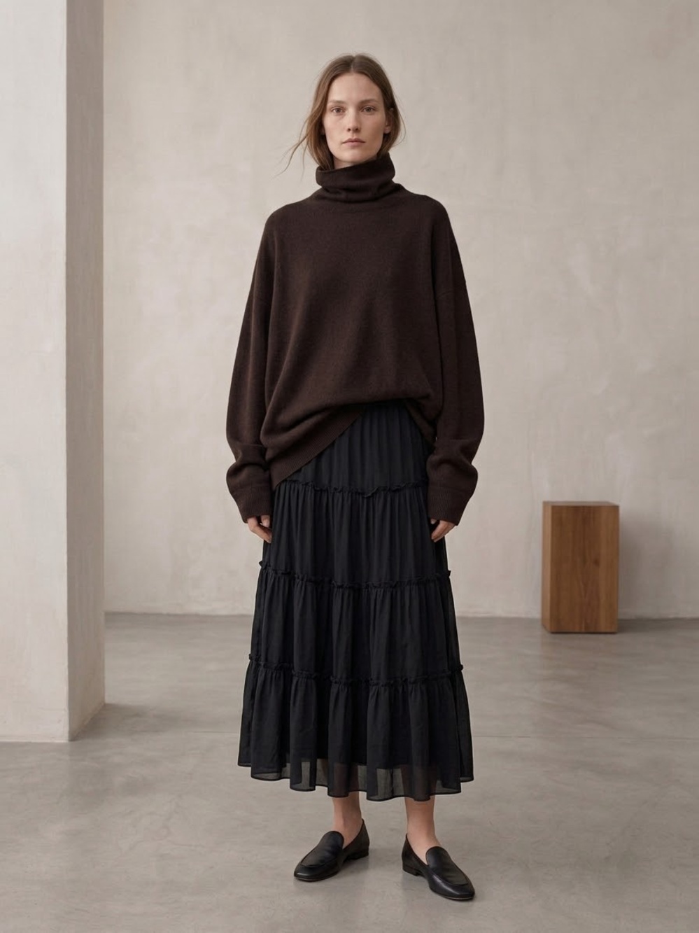 Tiered Black Crepe Ruffle Midi Skirt Large Chic Relaxed Contemporary Prairie